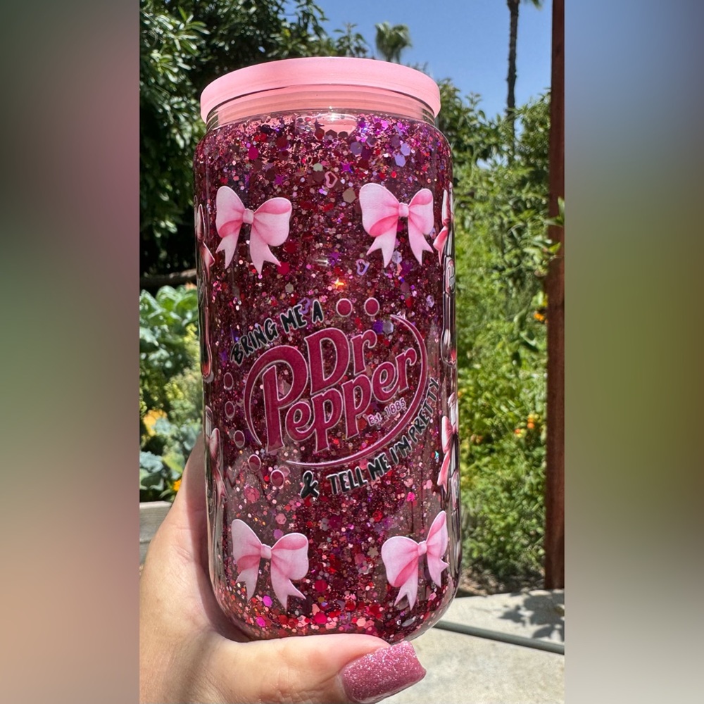 Bring me a Dr Pepper snow globe tumbler 16oz with lid and straw